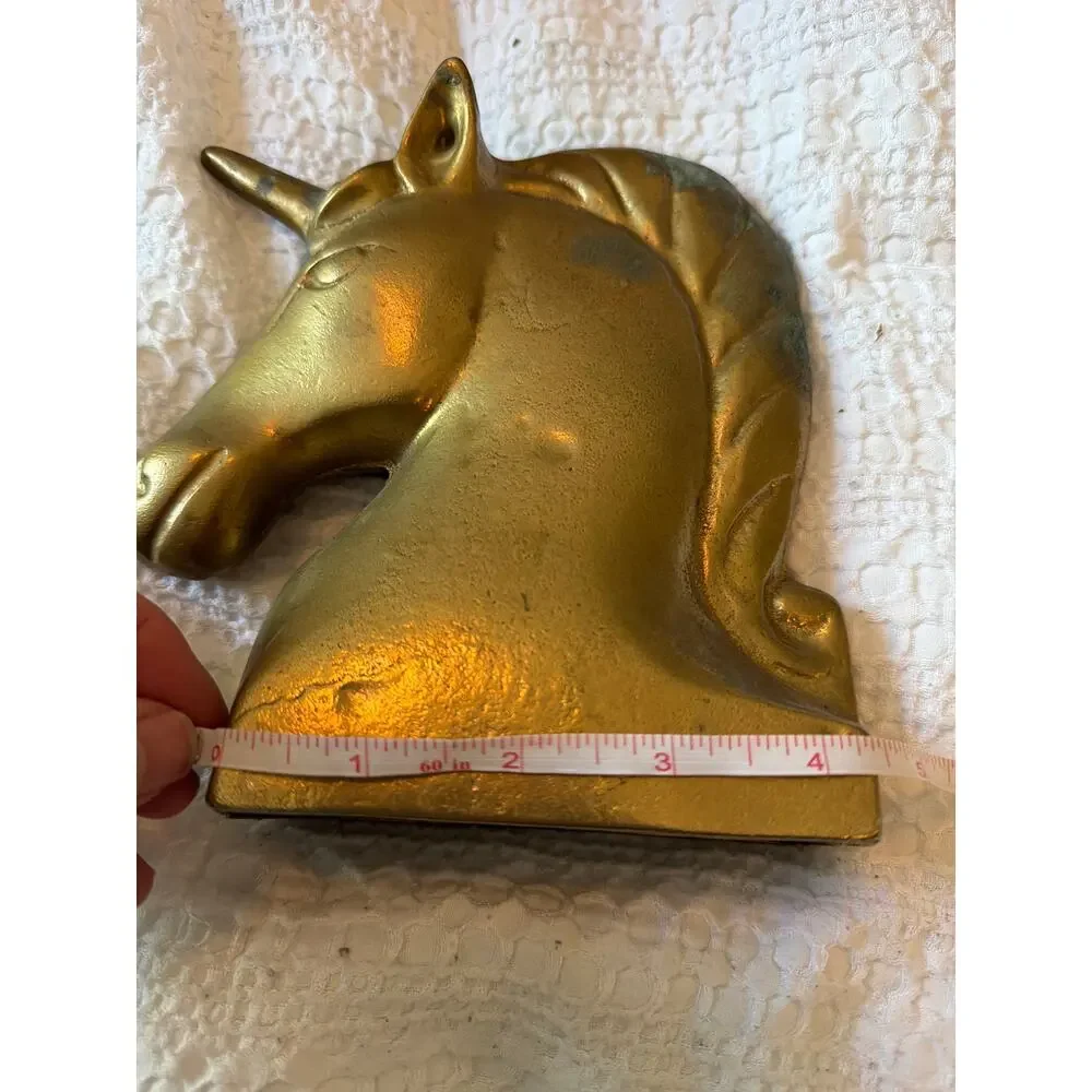 Vintage Brass Unicorn Head Bookends Pair Mid Century Fantasy Decor Heavy Metal